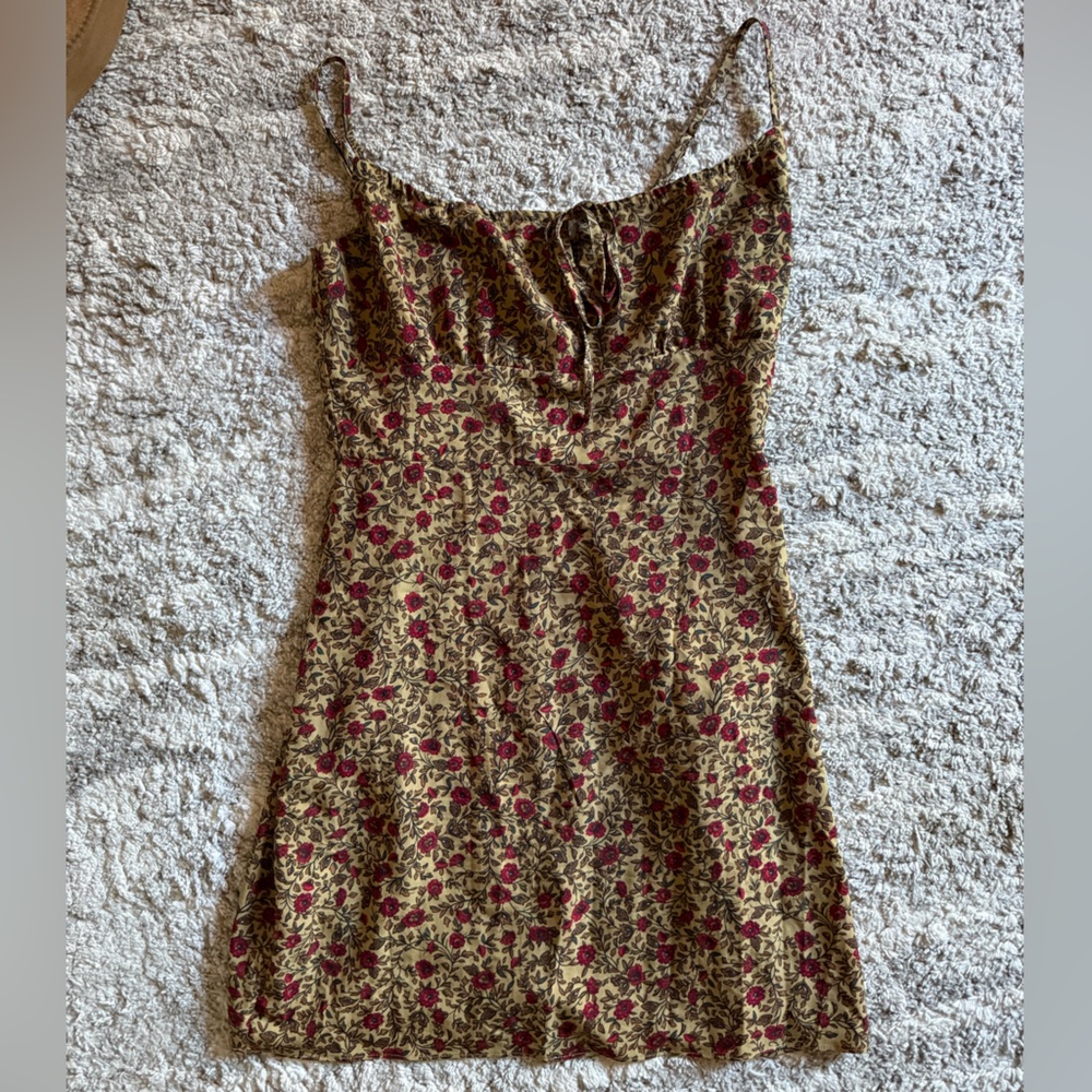Brown and olive floral dress with red roses